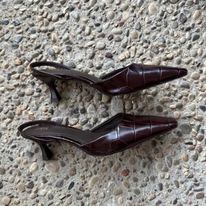 Zara Slingback Kitten Heels Womens 38 Pointed Toe Burgundy Faux Crocodile Shoes